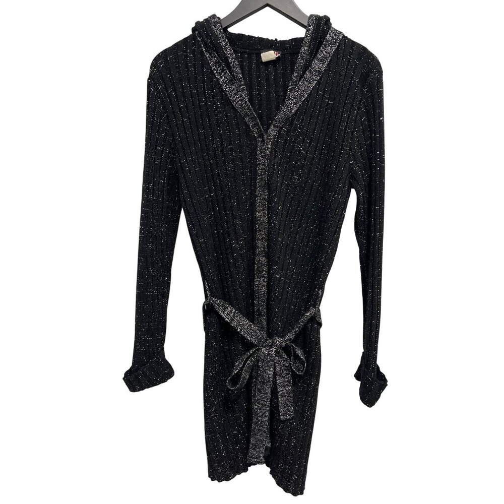 Smooches Robe Sweater Dress Size Large Hooded Button Front Metallic Black Silver